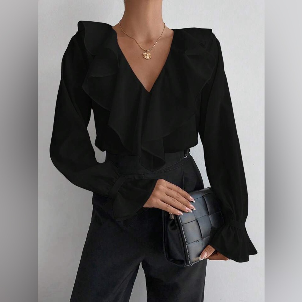 Express Black Ruffled Bodysuit Large